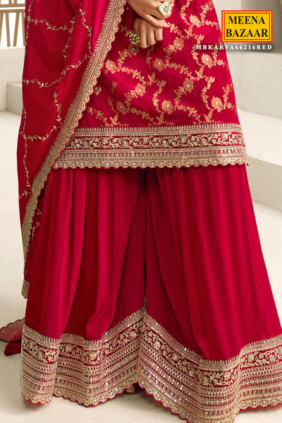 Red Viscose Chinon Zari Woven Suit Set with Palazzo