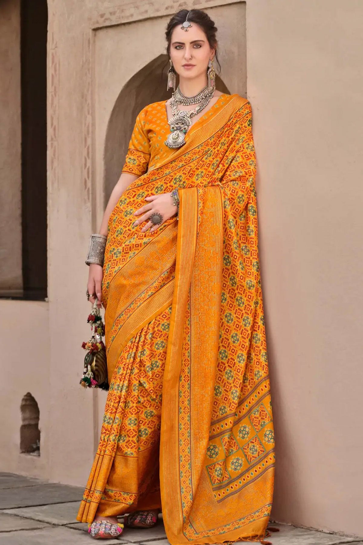 Mustard Art Silk Ajrakh Printed Saree