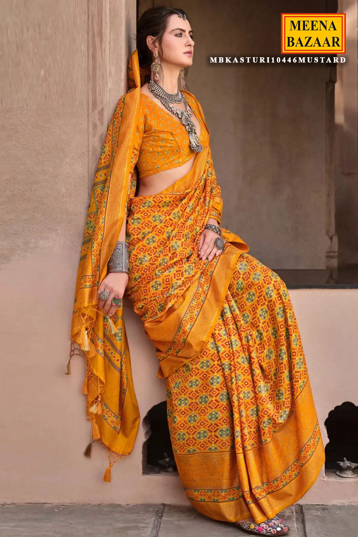 Mustard Art Silk Ajrakh Printed Saree