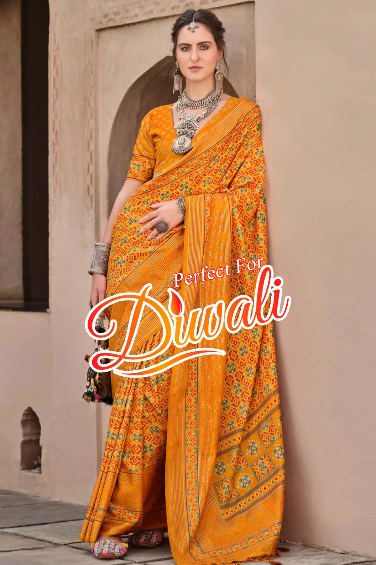 Mustard Art Silk Ajrakh Printed Saree