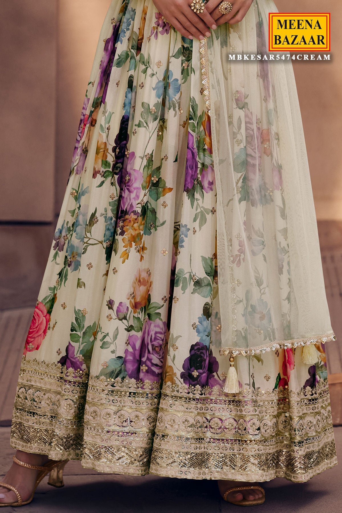 Cream Floral Printed and Embroidered Anarkali Gown Dupatta Set