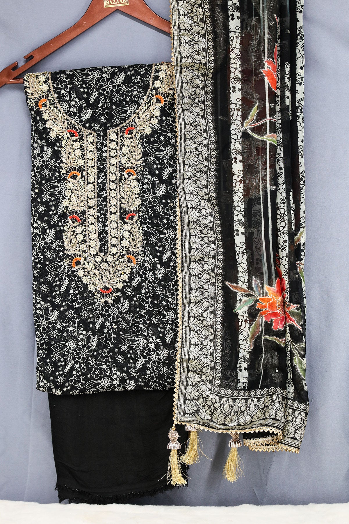 Black Cut-Dana Zari, Sequin Embroidered Georgette Unstitched Suit