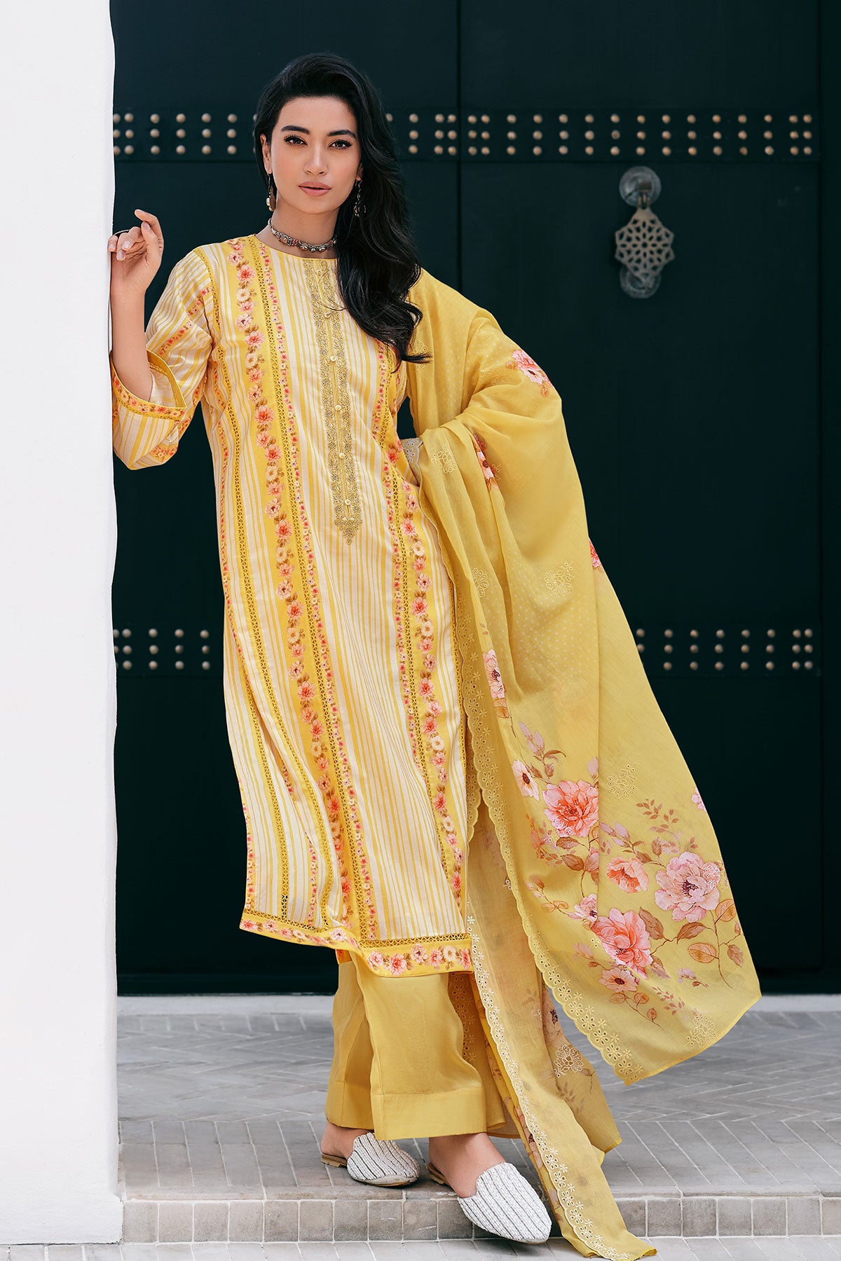 Mustard Cotton Floral Printed Embroidered Suit Set