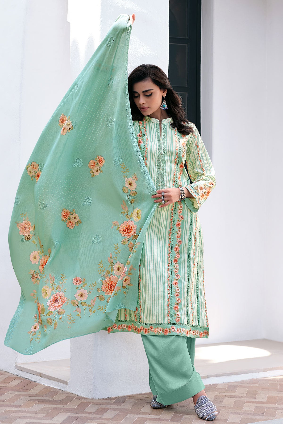 Firozi Cotton Floral Printed Embroidered Suit Set