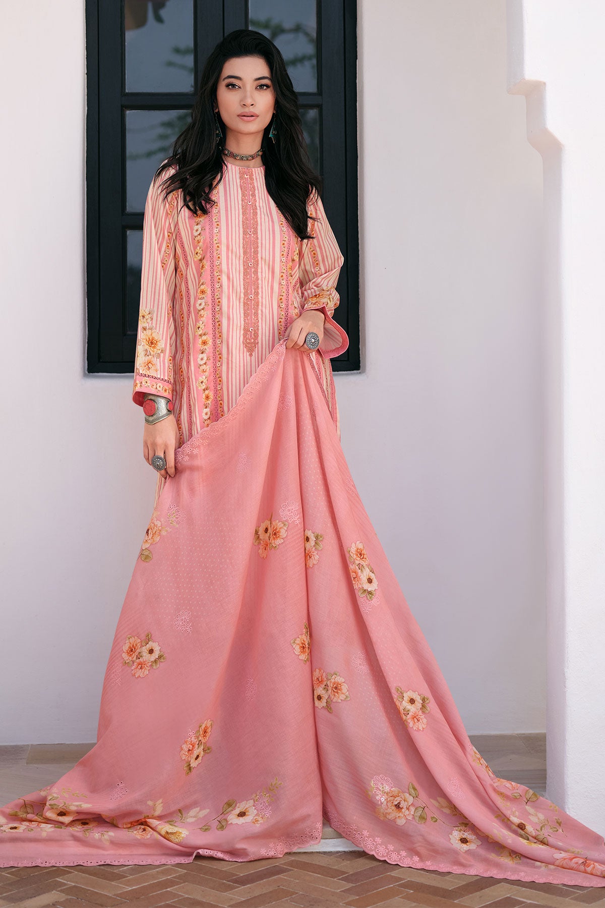 Pink Cotton Floral Printed Embroidered Suit Set