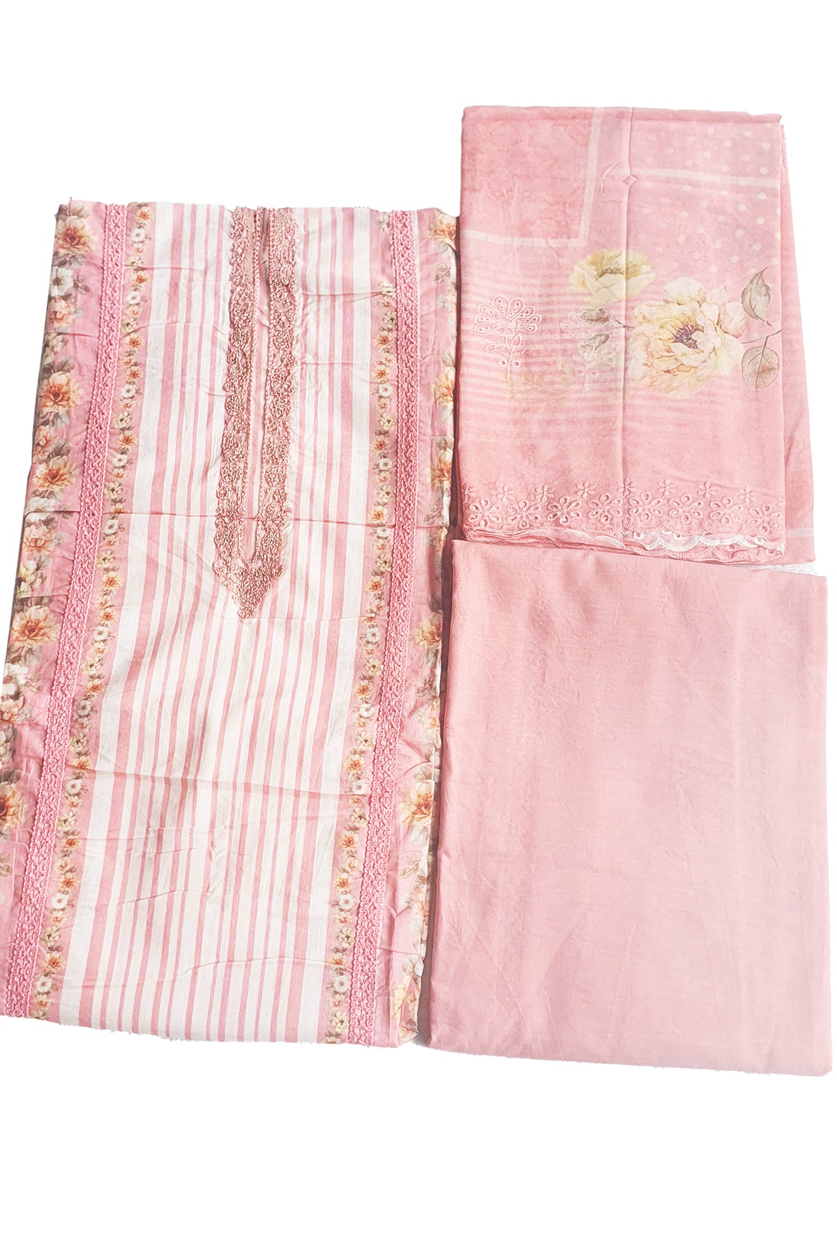 Pink Cotton Floral Printed Embroidered Suit Set