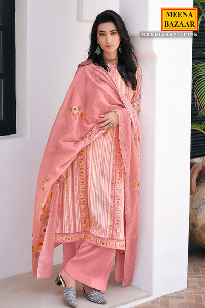 Pink Cotton Floral Printed Embroidered Suit Set