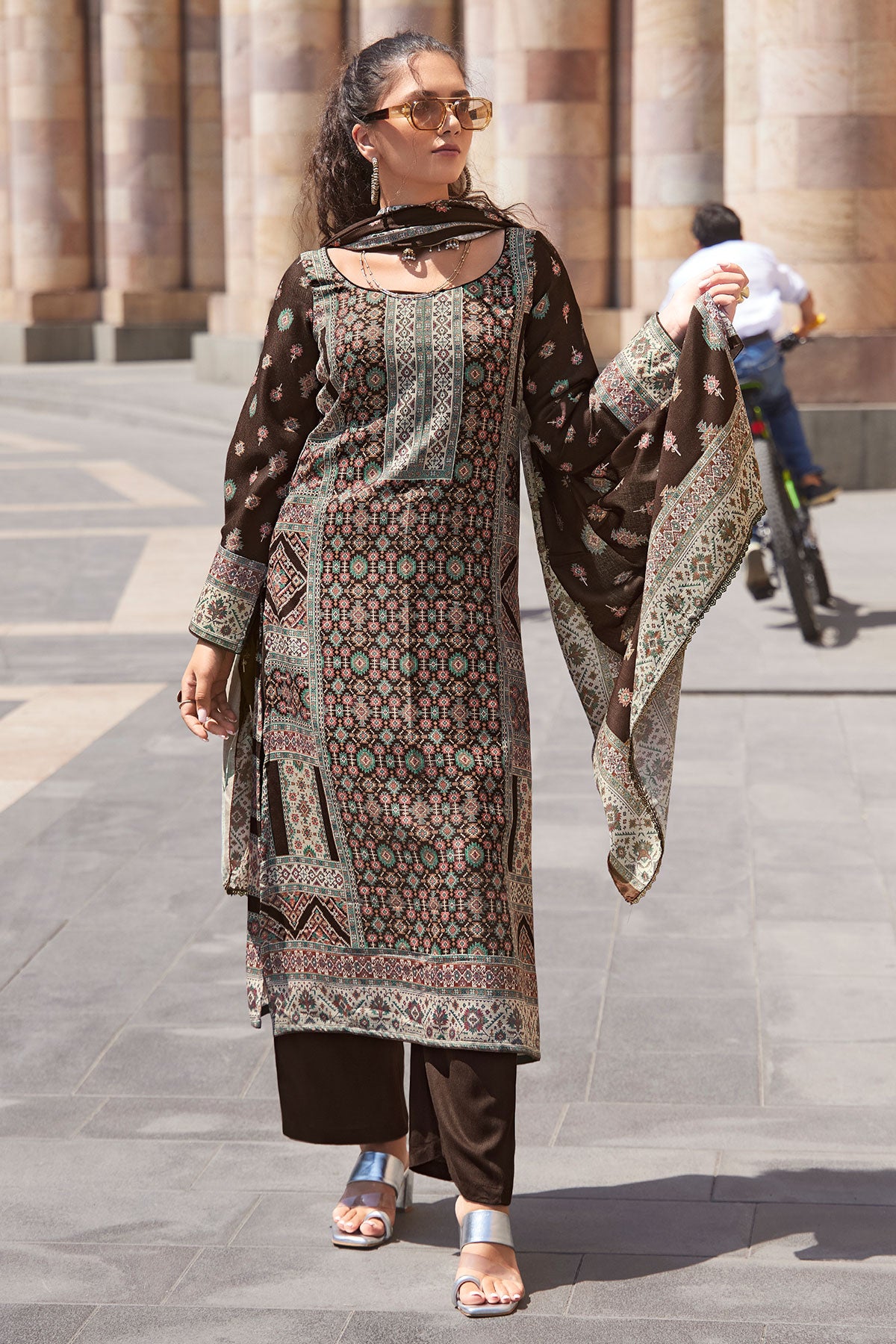 Brown Pashmina Digital Printed Suit Set