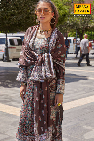 Brown Pashmina Digital Printed Suit Set