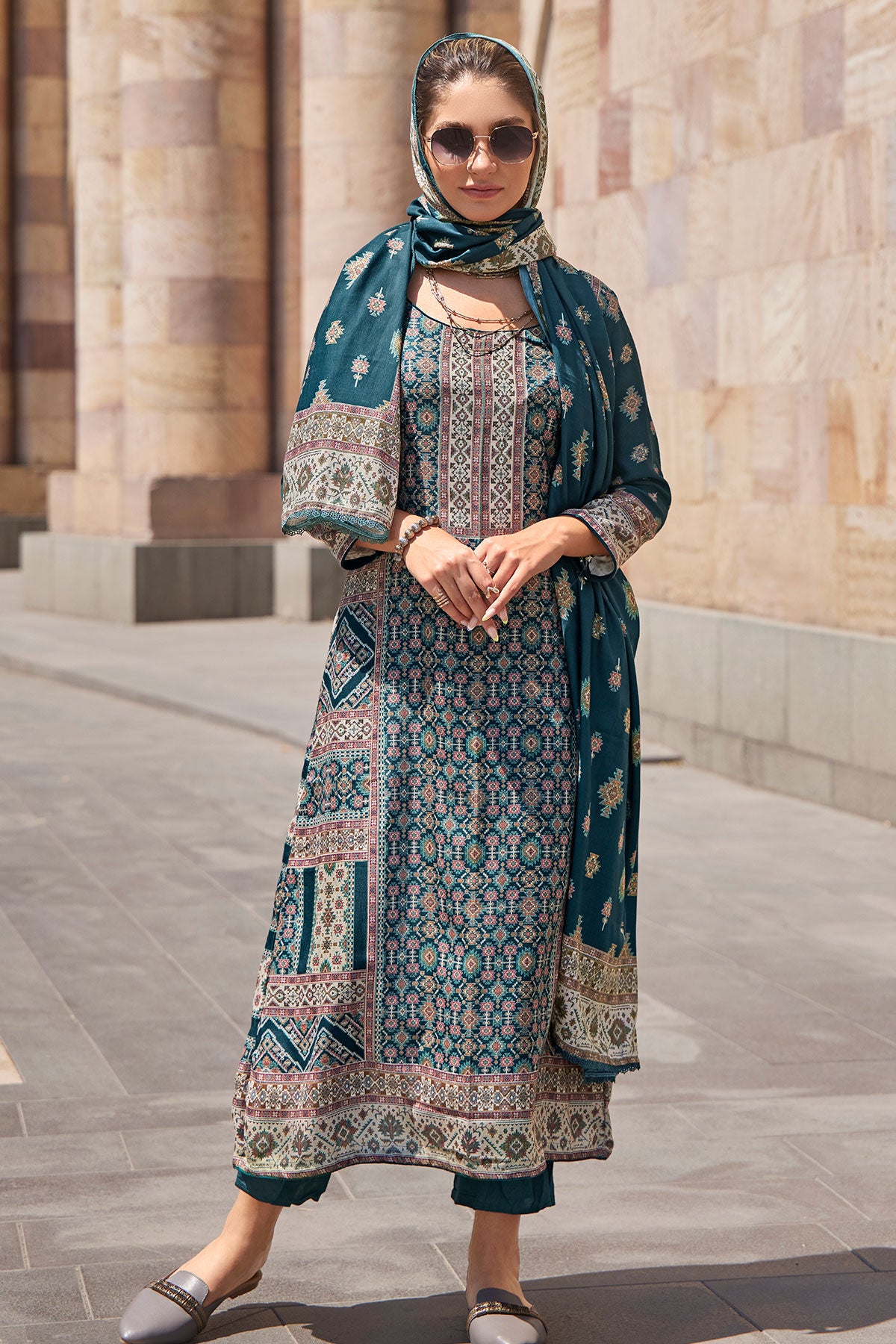 Blue Pashmina Digital Printed Suit Set