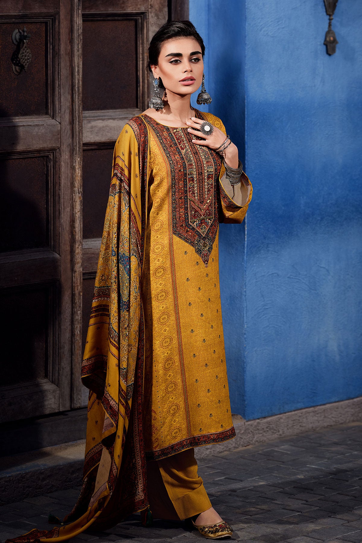 Mustard Muslin Printed Embroidered Suit Set
