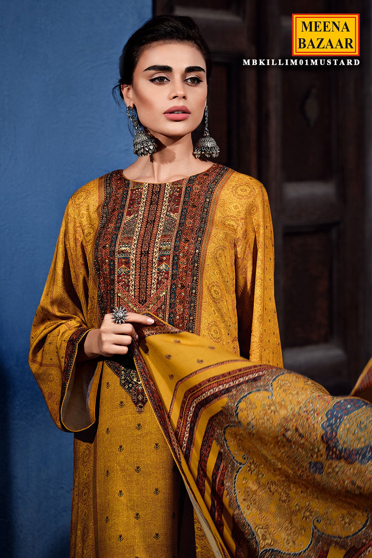 Mustard Muslin Printed Embroidered Suit Set