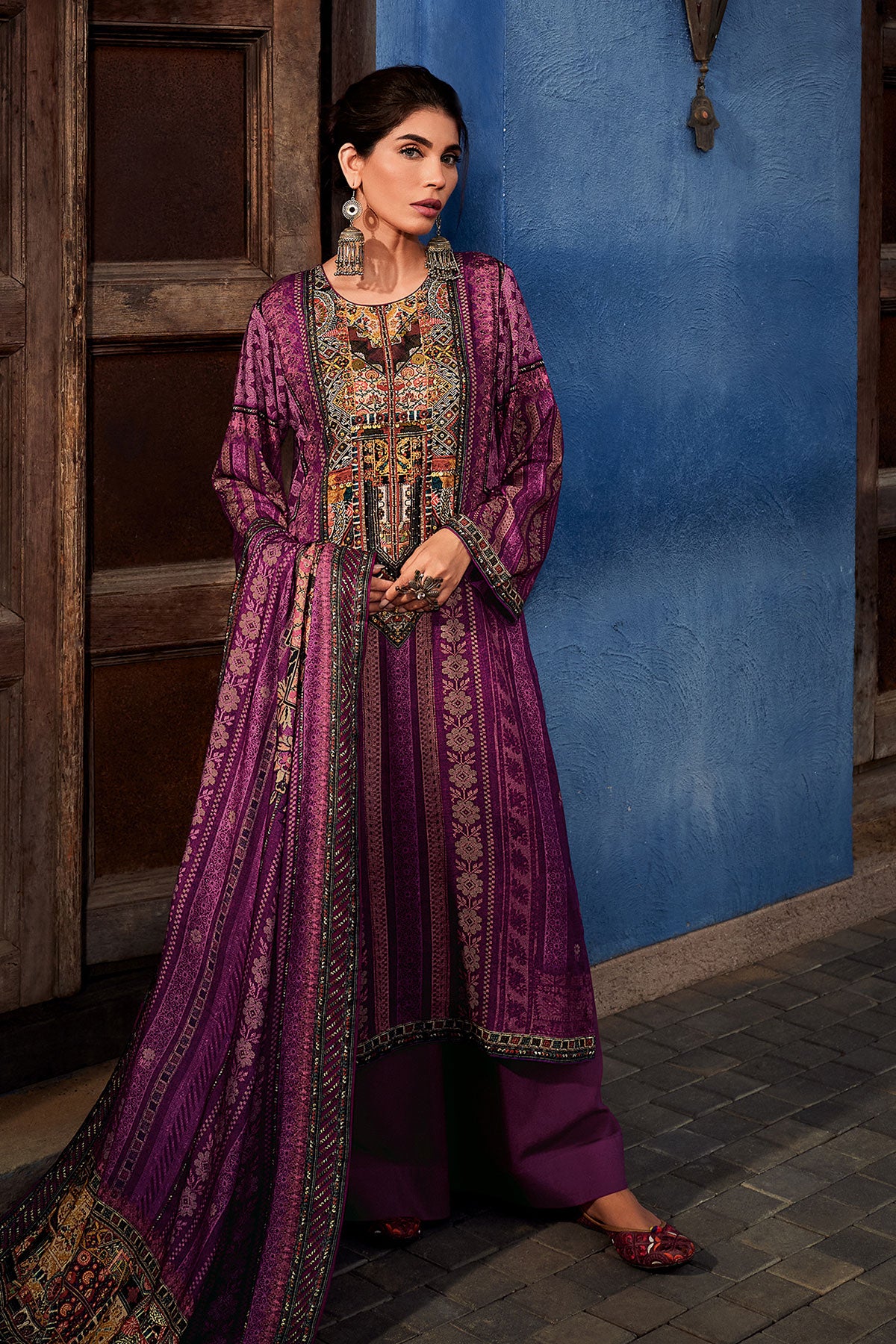 Wine Muslin Printed Embroidered Suit Set
