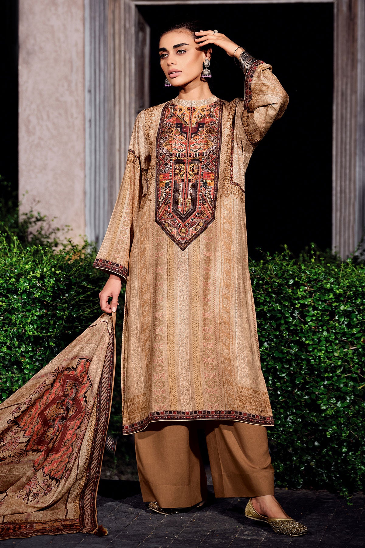 Tussar Muslin Printed Embroidered Suit Set