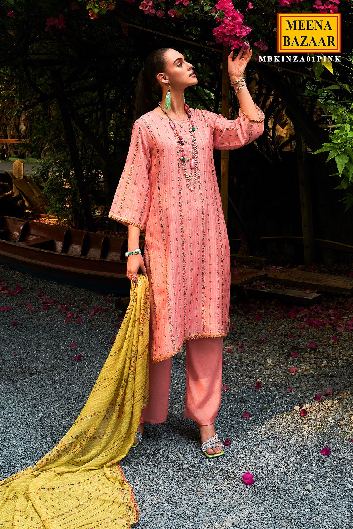Pink Muslin Floral Printed Suit Set with Floral Printed and Gota Patti Embroidered Border Dupatta