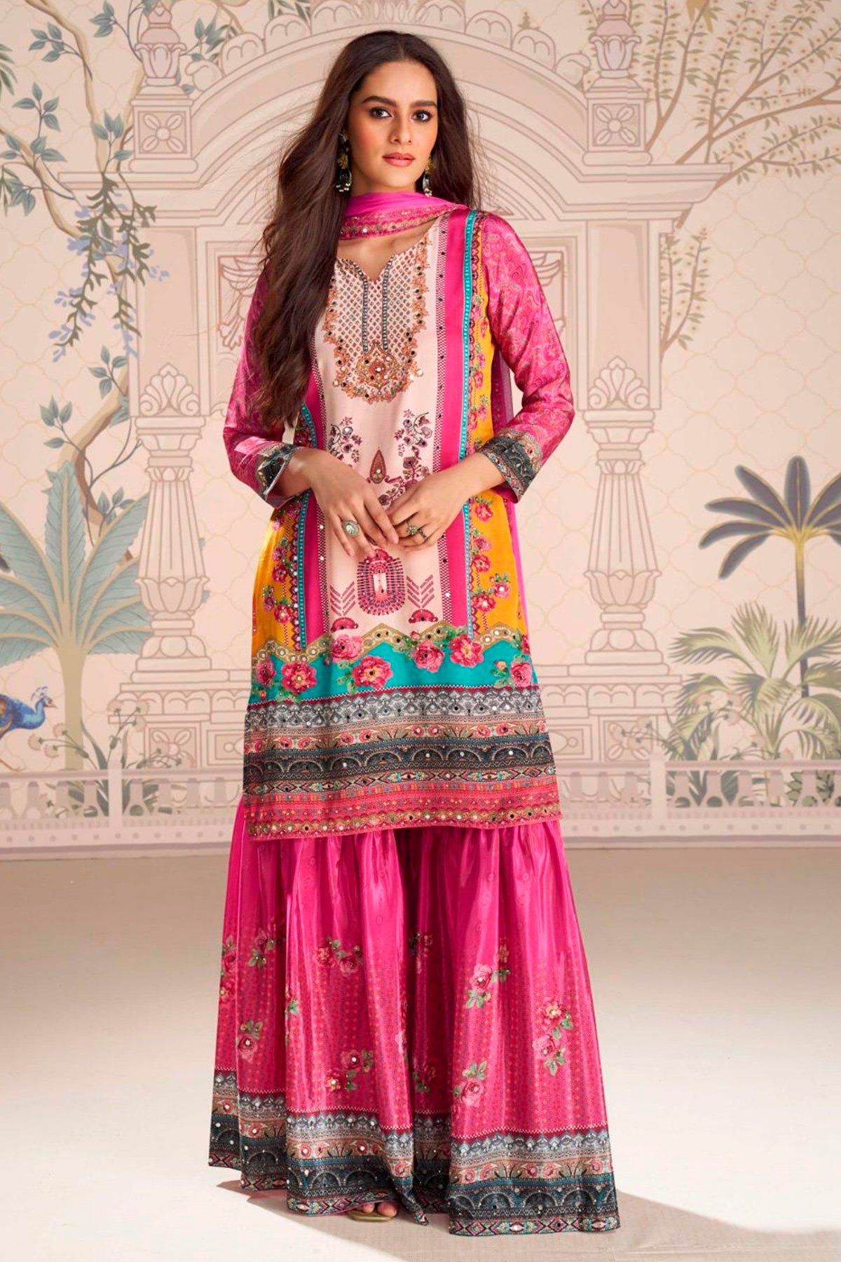 Rani Crepe Silk Mirror Work Ready Made Suit