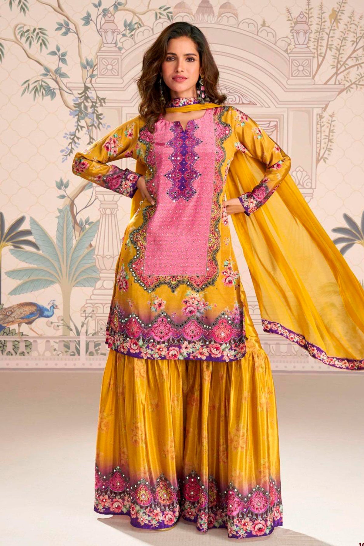 Mustard Crepe Silk Mirror Work Ready Made Suit