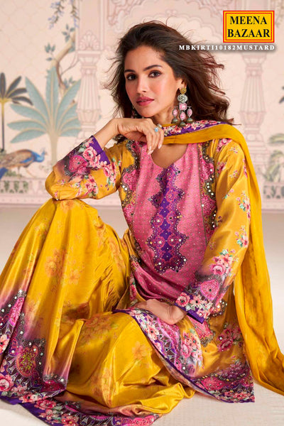 Mustard Crepe Silk Mirror Work Ready Made Suit