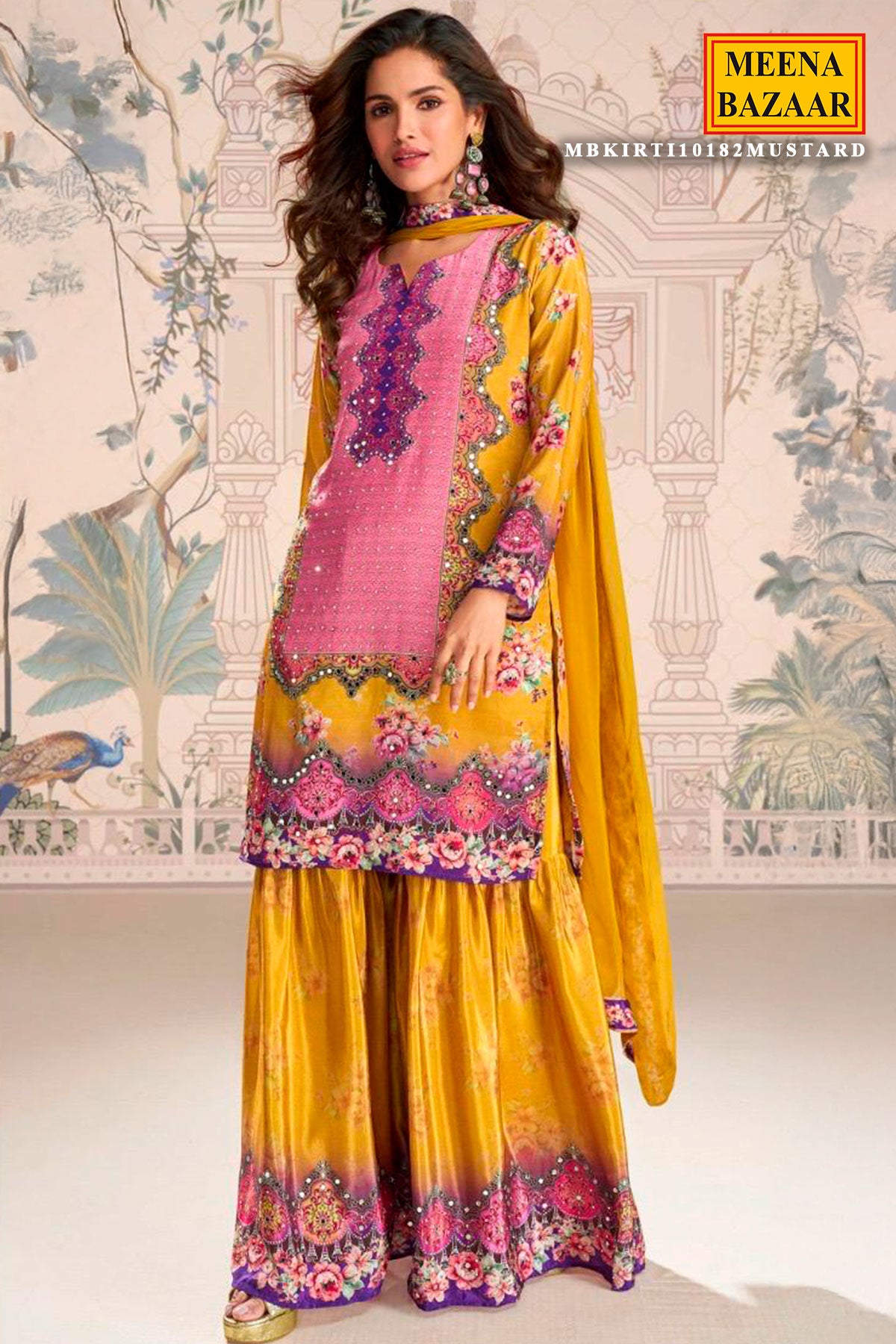 Mustard Crepe Silk Mirror Work Ready Made Suit