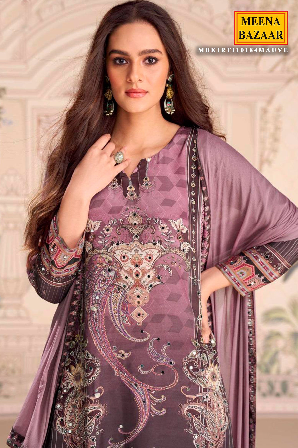 Mauve Crepe Silk Mirror Work Ready Made Suit