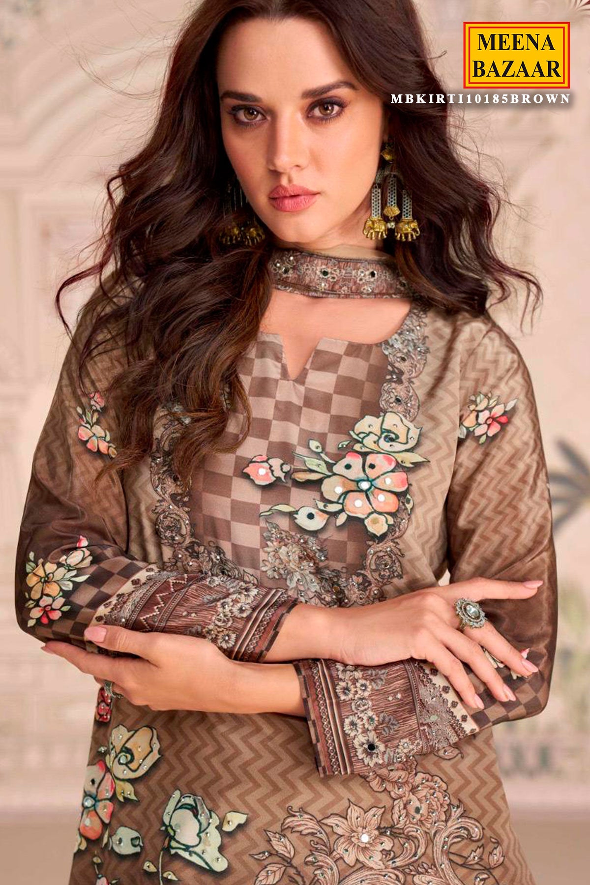 Brown Crepe Silk Mirror Work Ready Made Suit