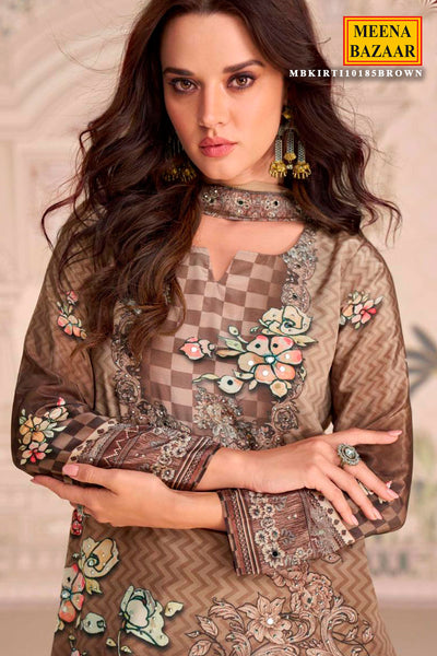 Brown Crepe Silk Mirror Work Ready Made Suit