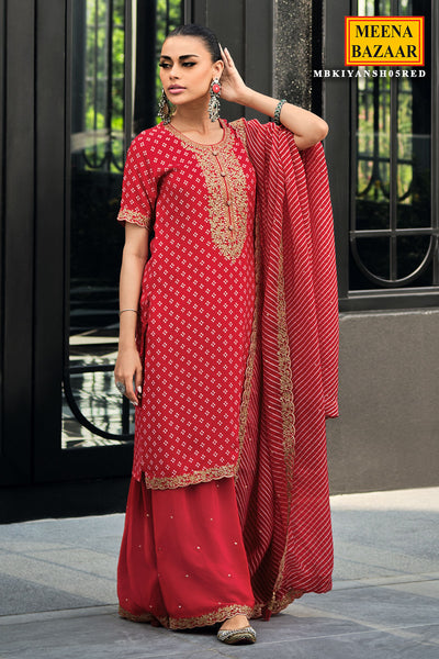 Red Muslin Bandhani Printed Neck Embroidered Suit Set