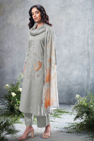 Grey Cotton Printed Lace Emroidered Suit Set