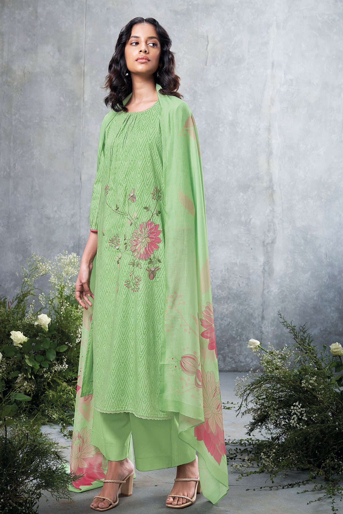 Green Cotton Printed Lace Emroidered Suit Set
