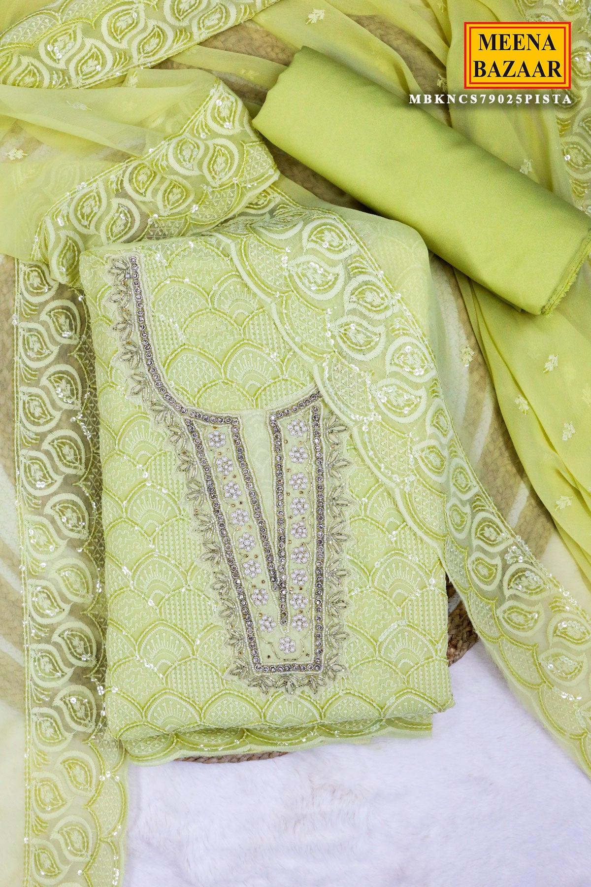 Pista Chikankari Threadwork Embroidered Georgette Suit Set