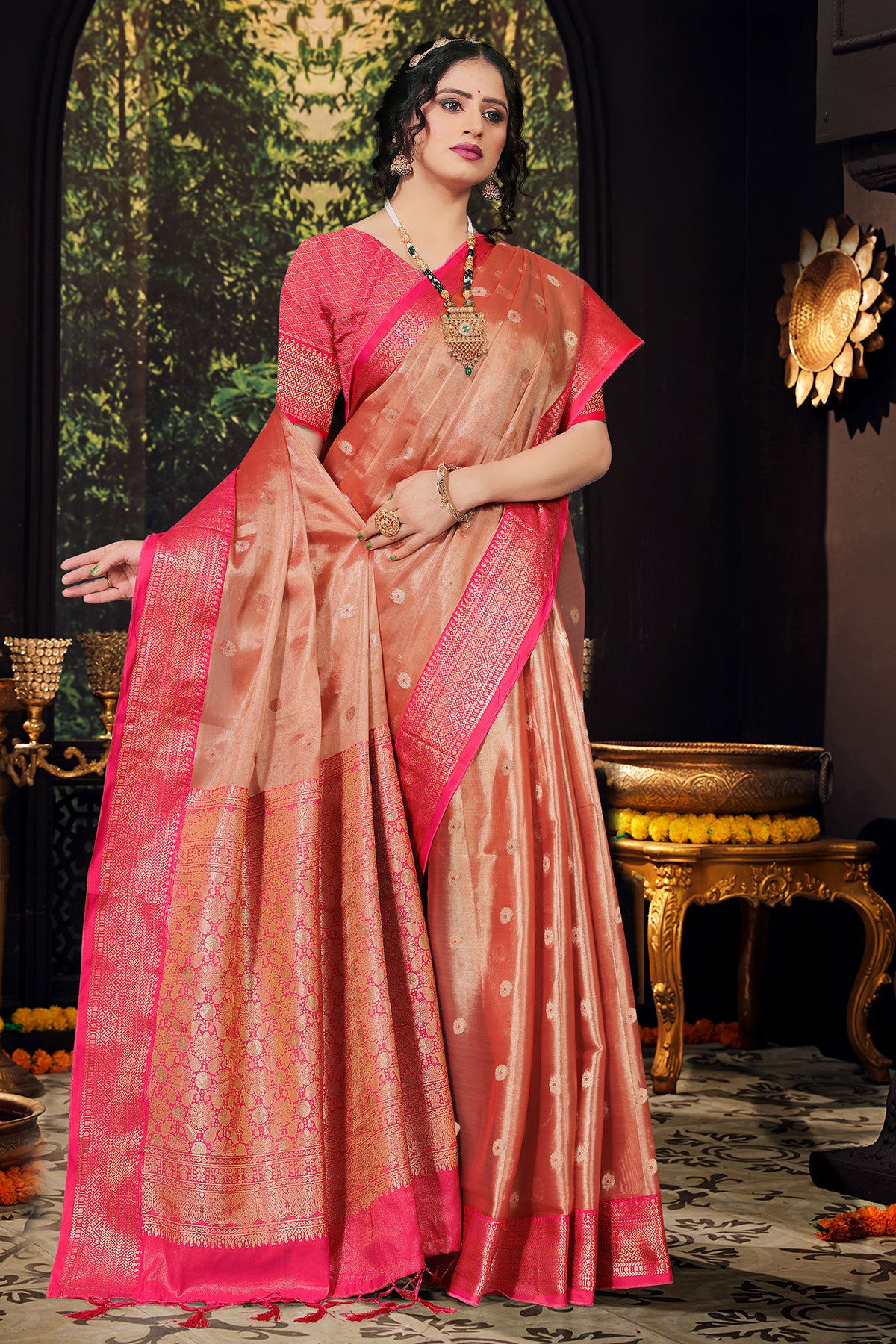 Peach Tissue Zari Weaving Saree