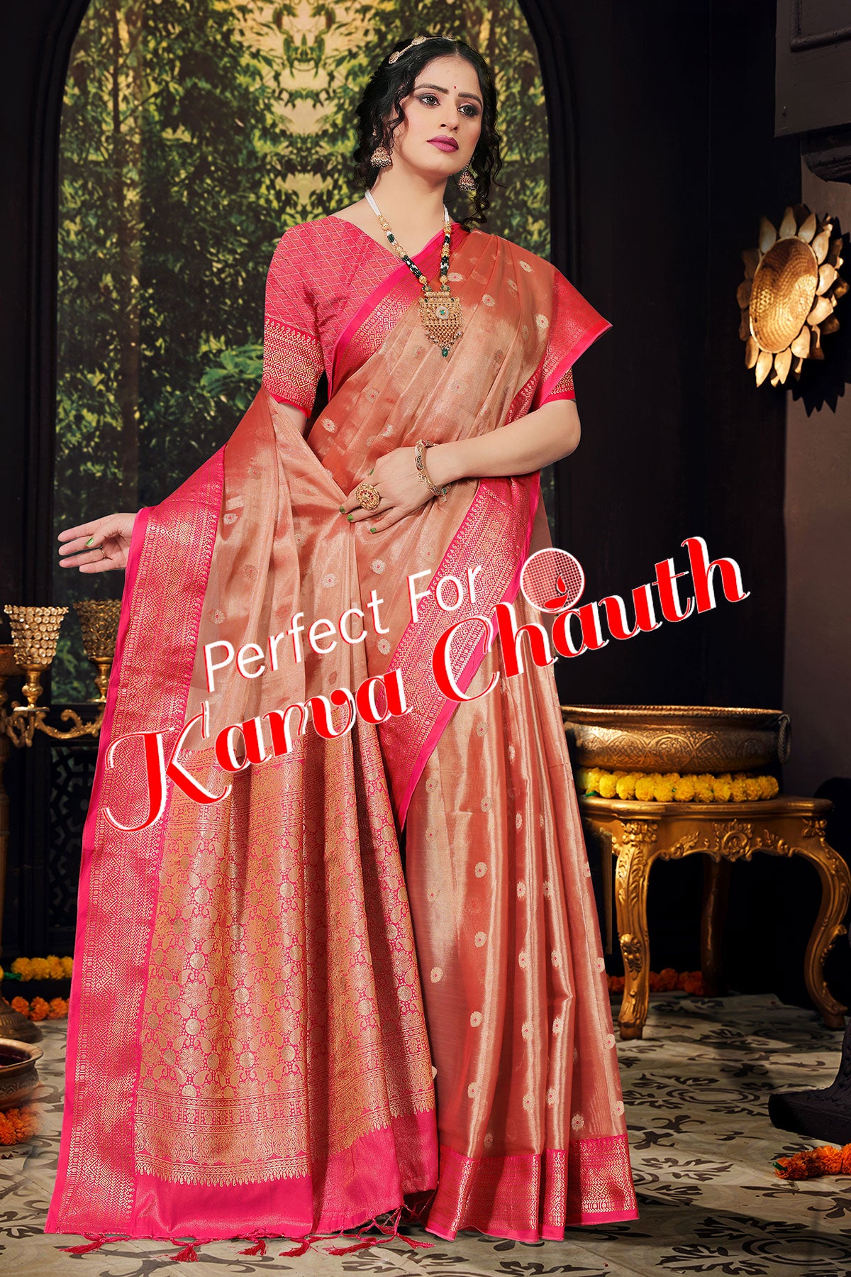 Peach Tissue Zari Weaving Saree