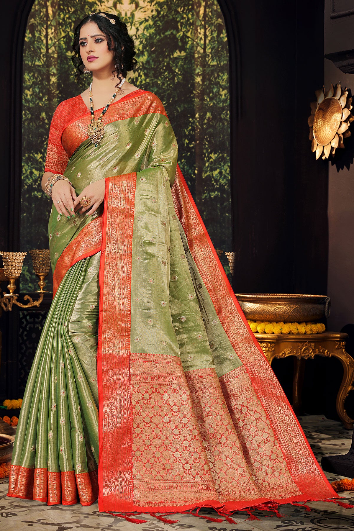 Pista Tissue Zari Weaving Saree