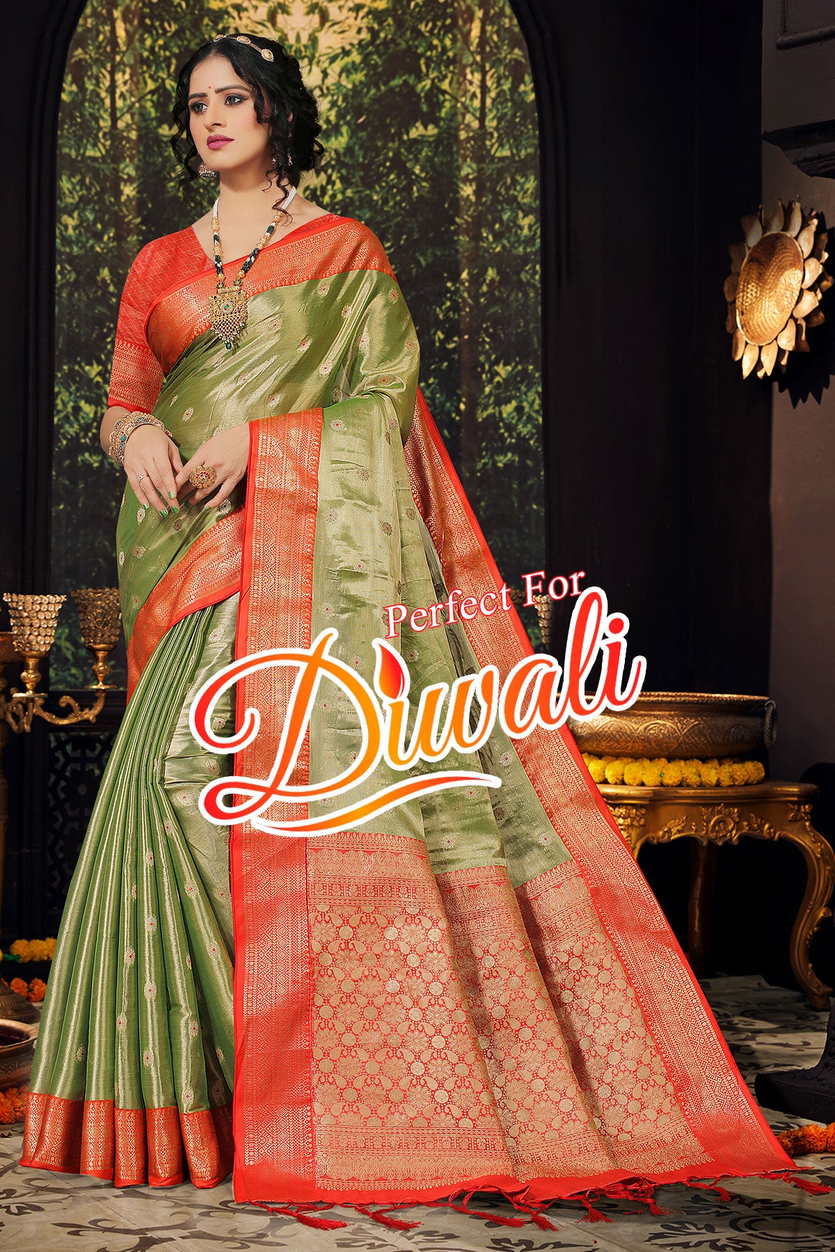 Pista Tissue Zari Weaving Saree