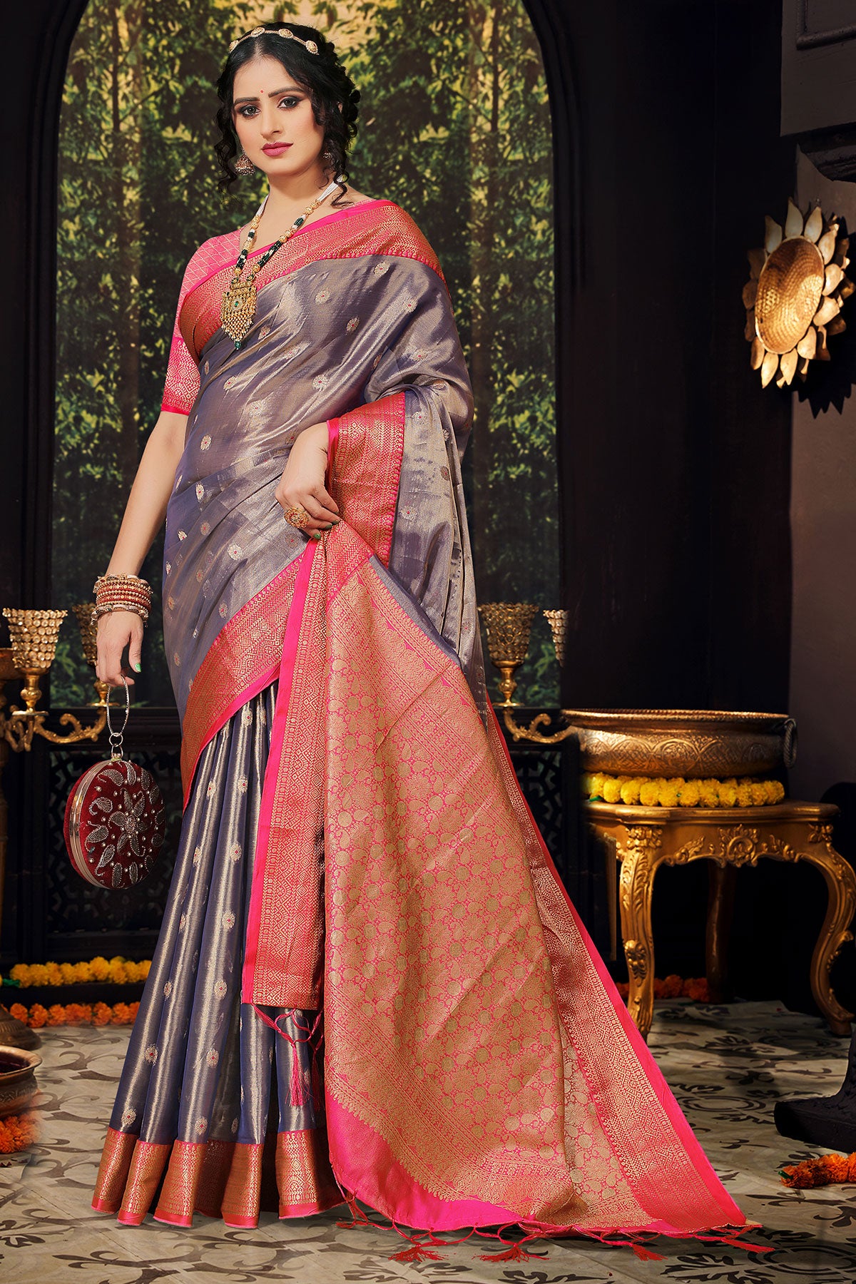 Grey Tissue Zari Weaving Saree