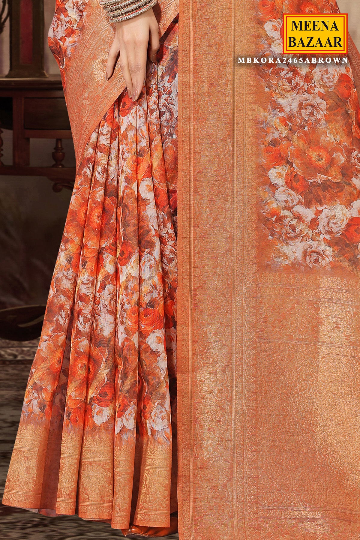 Brown Kora Silk Floral Printed Woven Saree