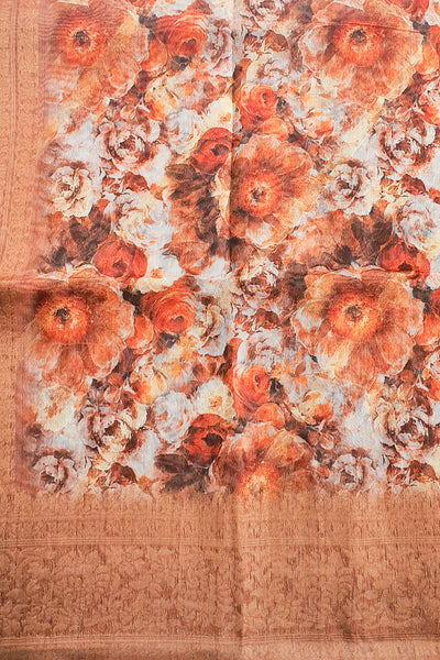 Brown Kora Silk Floral Printed Woven Saree