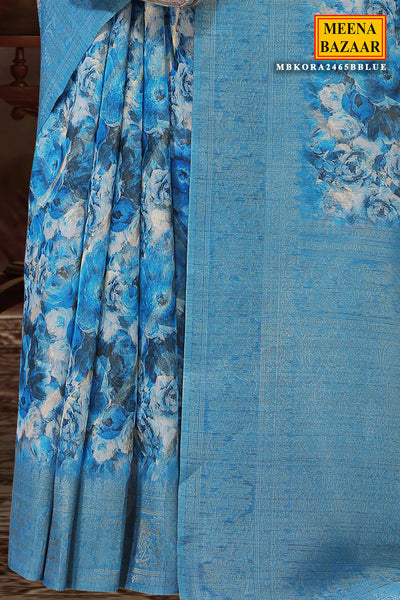 Blue Kora Silk Floral Printed Woven Sari