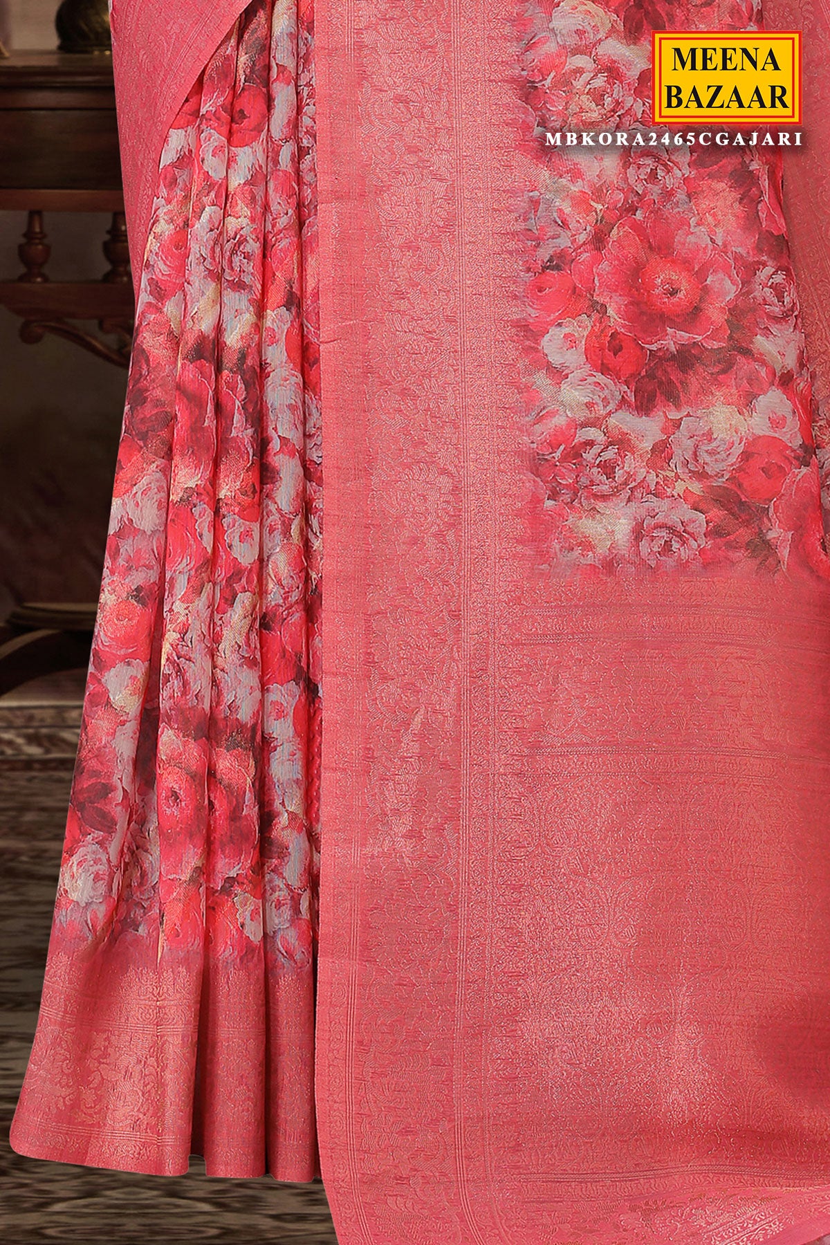Gajari Kora Silk Floral Printed Woven Sari