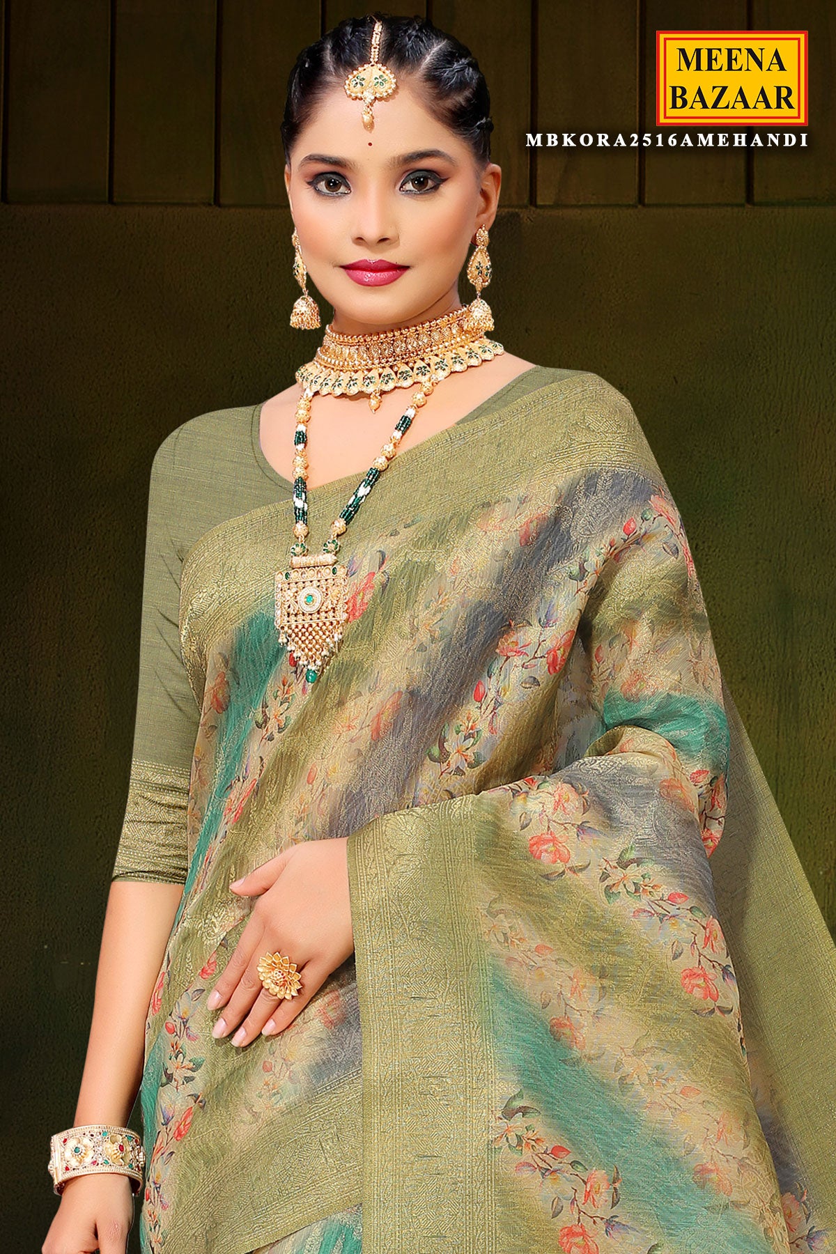 Mehandi Silk Blend Zari Woven Saree