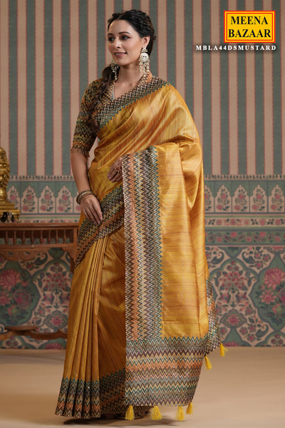 Mustard Chanderi Thread Embroidered Saree