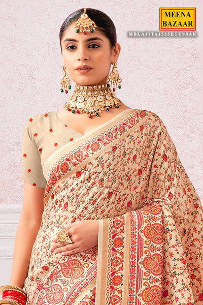 Cream Silk Zari Woven Motif Saree