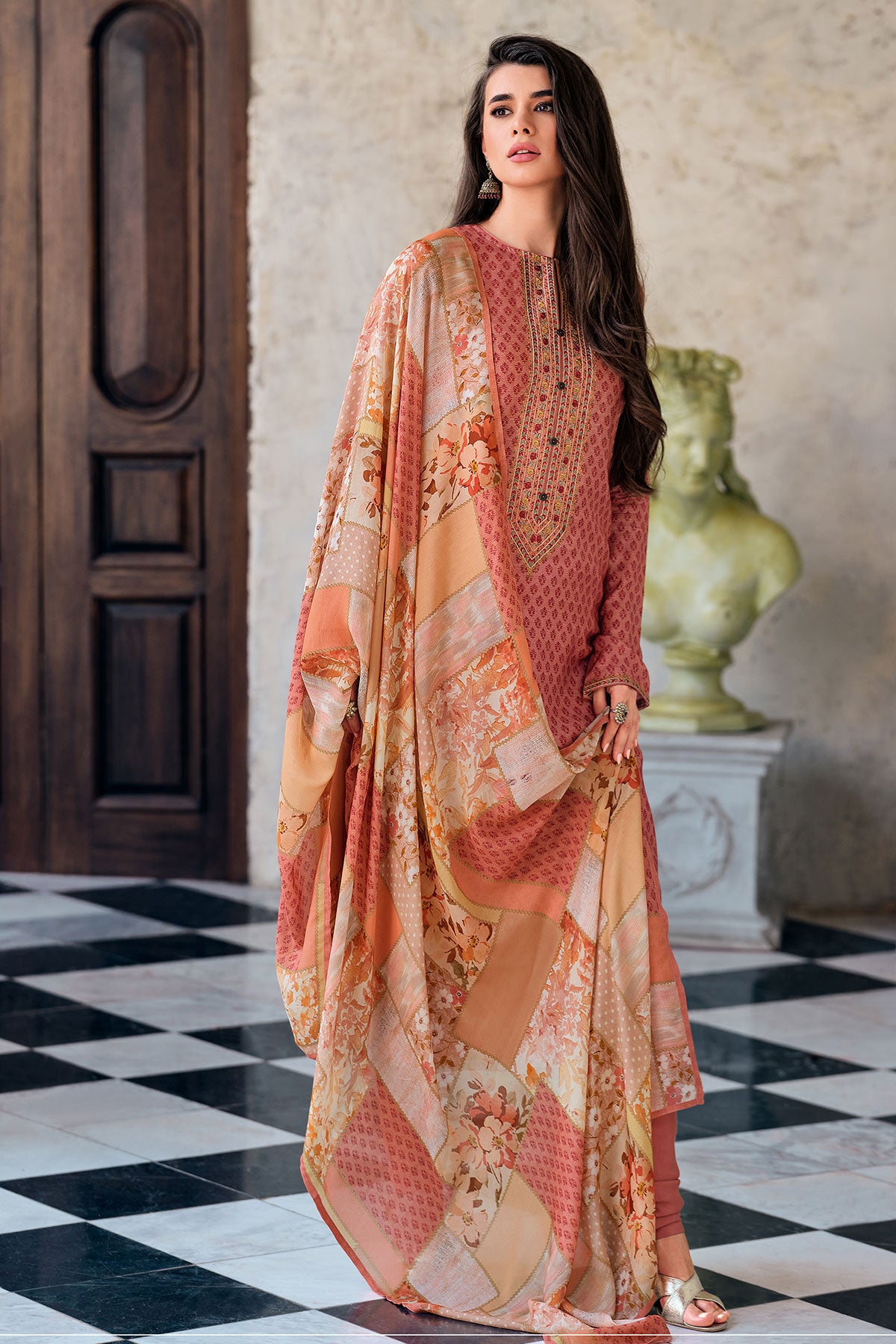 Peach Muslin Printed Sequin Embroidered Suit Set