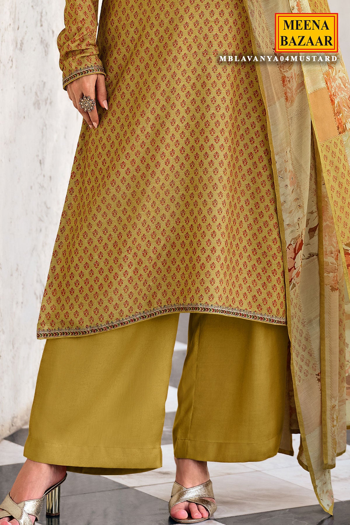 Mustard Muslin Printed Sequin Embroidered Suit Set