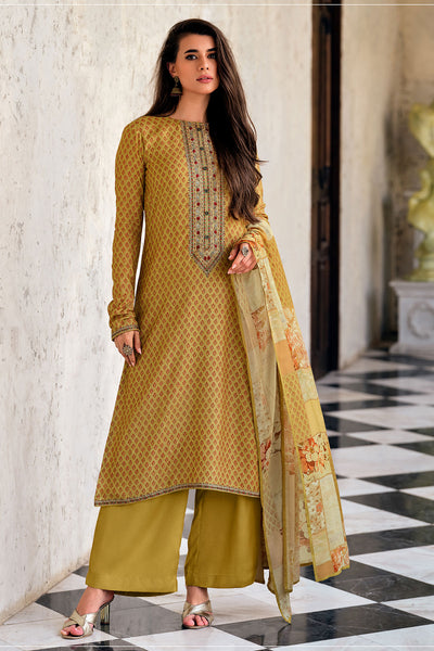 Mustard Muslin Printed Sequin Embroidered Suit Set