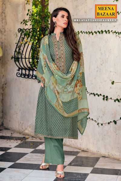 Sea Green Muslin Printed Sequin Embroidered Suit Set