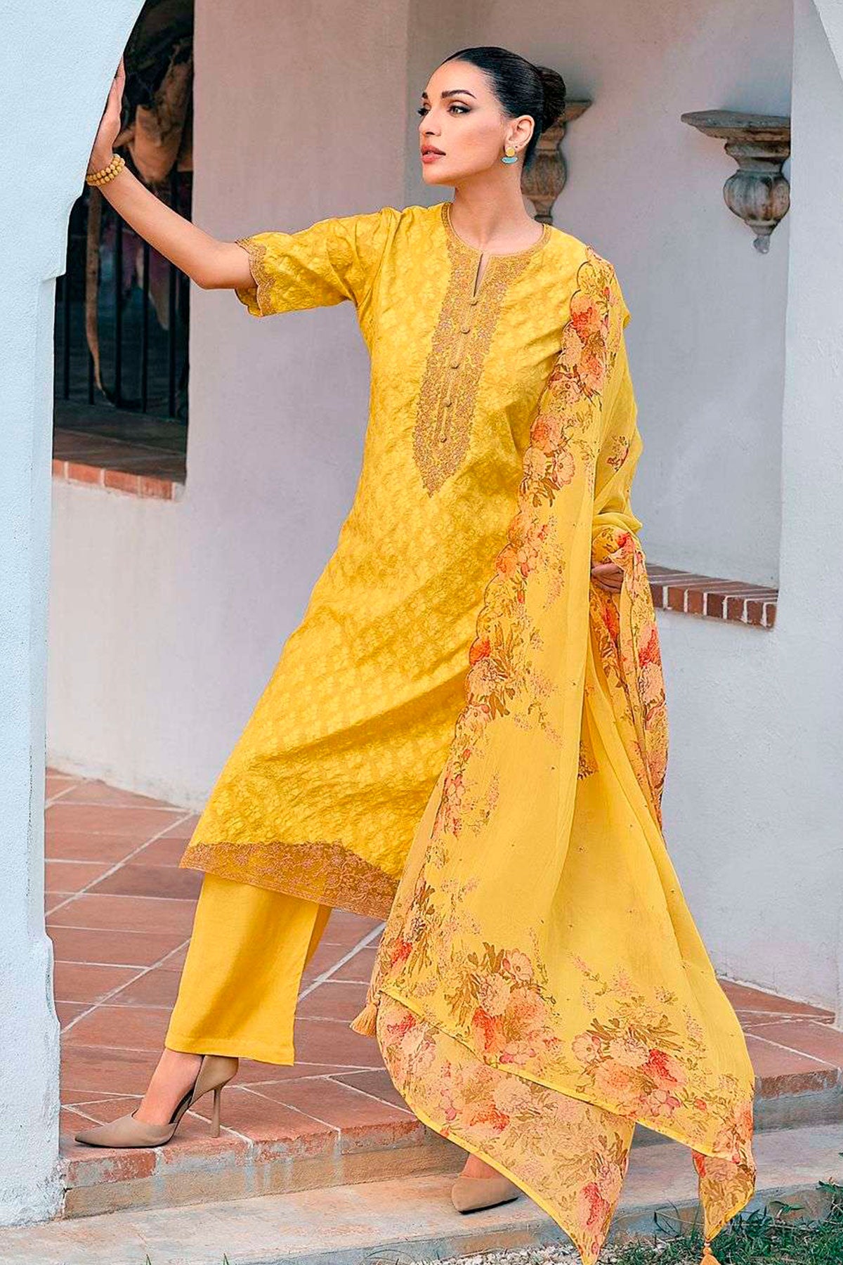 Mustard Cotton Self Weave Neck Embroidered Suit Set
