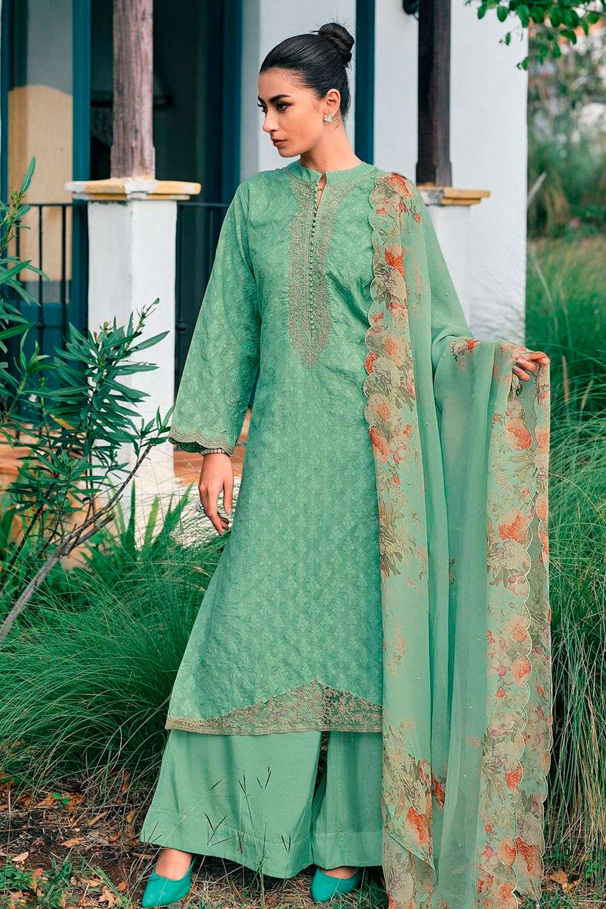 Sea Green Cotton Self Weave Neck Embroidered Suit Set