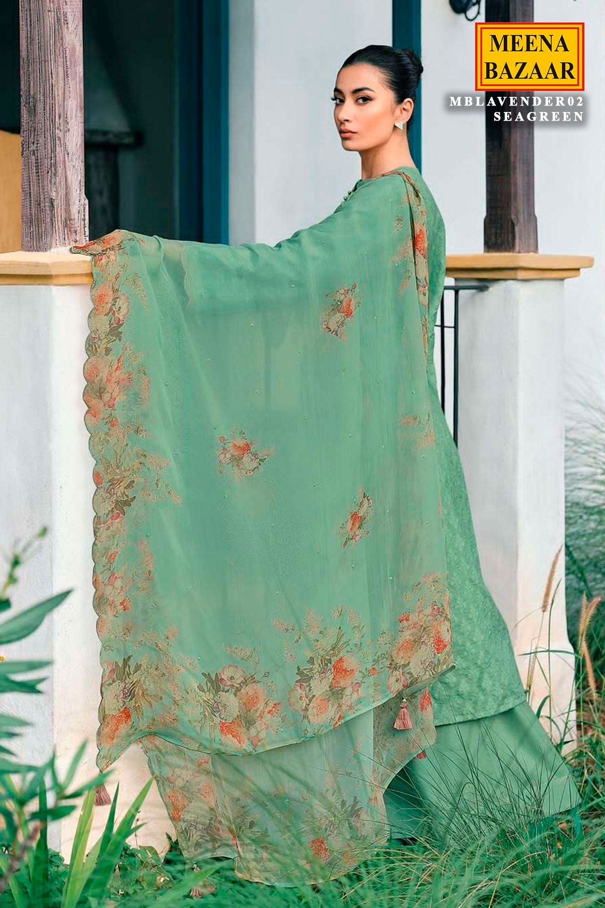 Sea Green Cotton Self Weave Neck Embroidered Suit Set