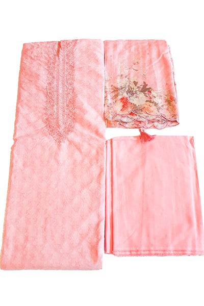Pink Cotton Self Weave Neck Embroidered Suit Set